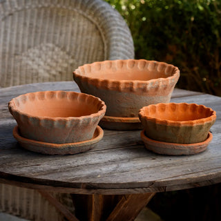 Short Pie Crust Antiqued Red Clay Pot with Saucer - Choose Size
