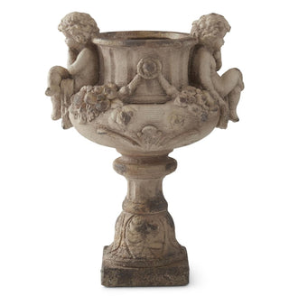 21.25" Floral Embossed Distressed Angel Handled Urn