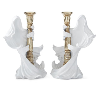 Set of 2 White Draped Ghost Holding Gold Taper Candleholders