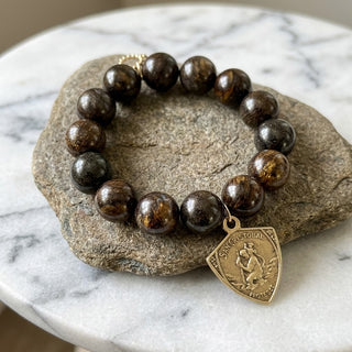 Bronzite with Gold St. Christopher Shield of Protection