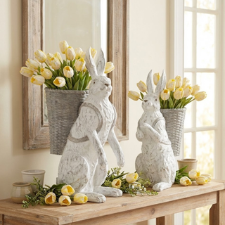 Whitewashed Resin Bunny With Basket - Choose Size