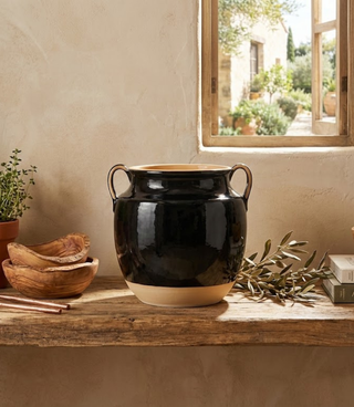 Black and Tan Double Handled Ceramic Pot Vase