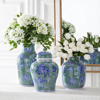 Blue Green & White Floral Ceramic Vase - Choose Style