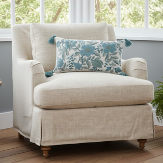 14" White Linen & Blue Embroidered Floral Lumbar Pillow