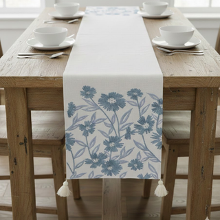 72" White Linen & Blue Embroidered Floral Table Runner