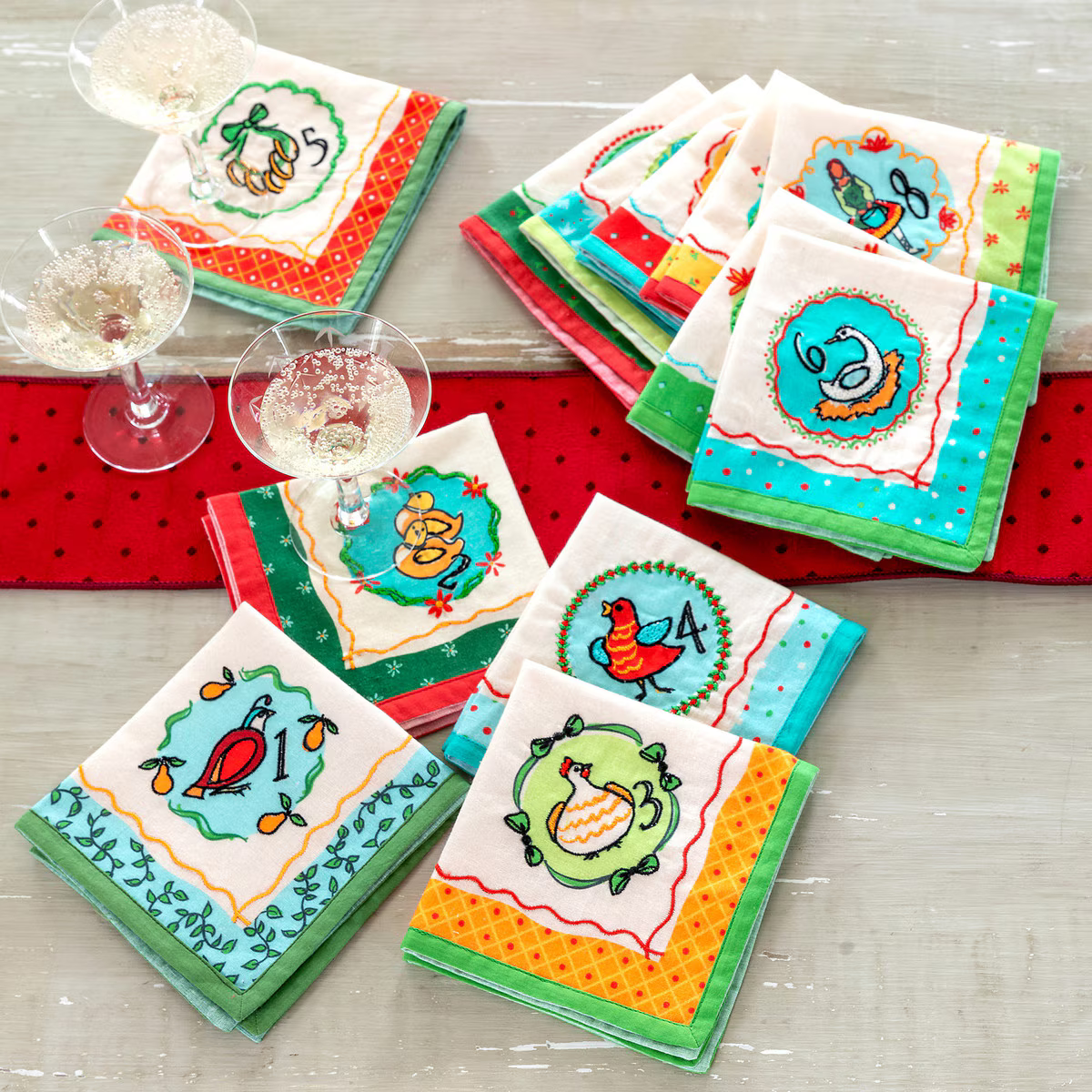 Set of 12 Twelve Days of Christmas Embroidered Napkins