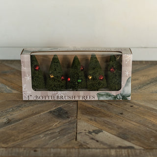 Set of 5 - 4" Green Bottlebrush Trees w/ Jingle Bells