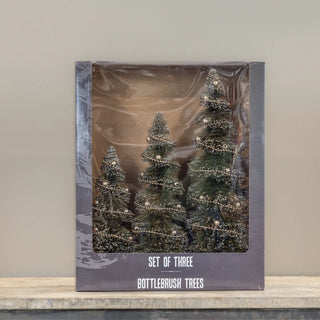 Spiral Cut Bottlebrush Trees with Ornaments & Garland - Boxed Set of 3