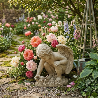 Weathered Angel and Bird Garden Statue