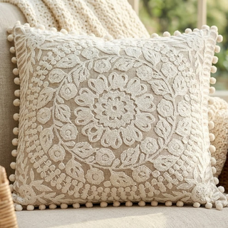 20" Beige & Cream Embroidered Floral Pillow
