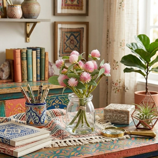 7" Pink Globe Amaranth Premade in Glass Vase w/Faux Water