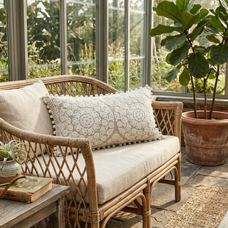 24" Beige & Cream Embroidered Floral Lumbar Pillow