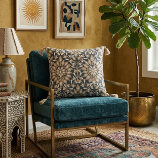 20" Square Blue & Taupe Embroidered Floral Pillow