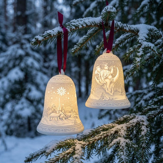 Luumii Lights Porcelain Bell Ornament - Village Scene with Angel