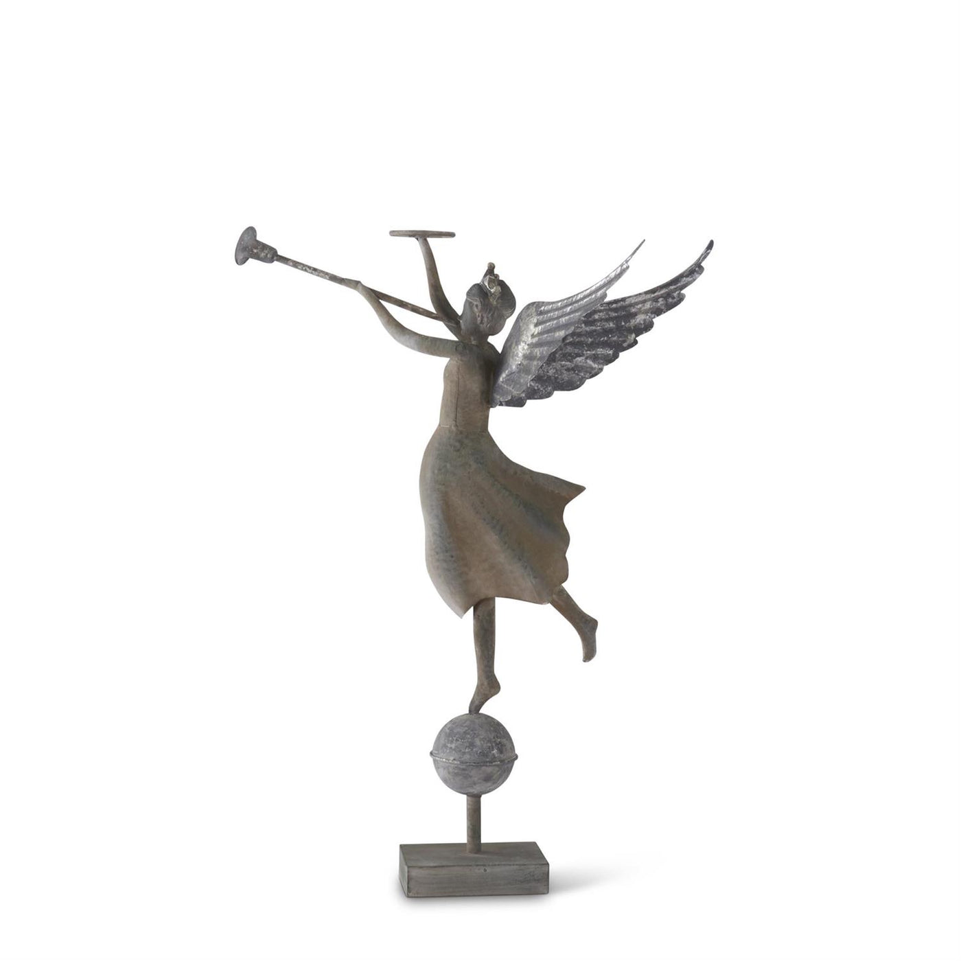 35" Galvanized Garden Angel with Trumpet and Halo