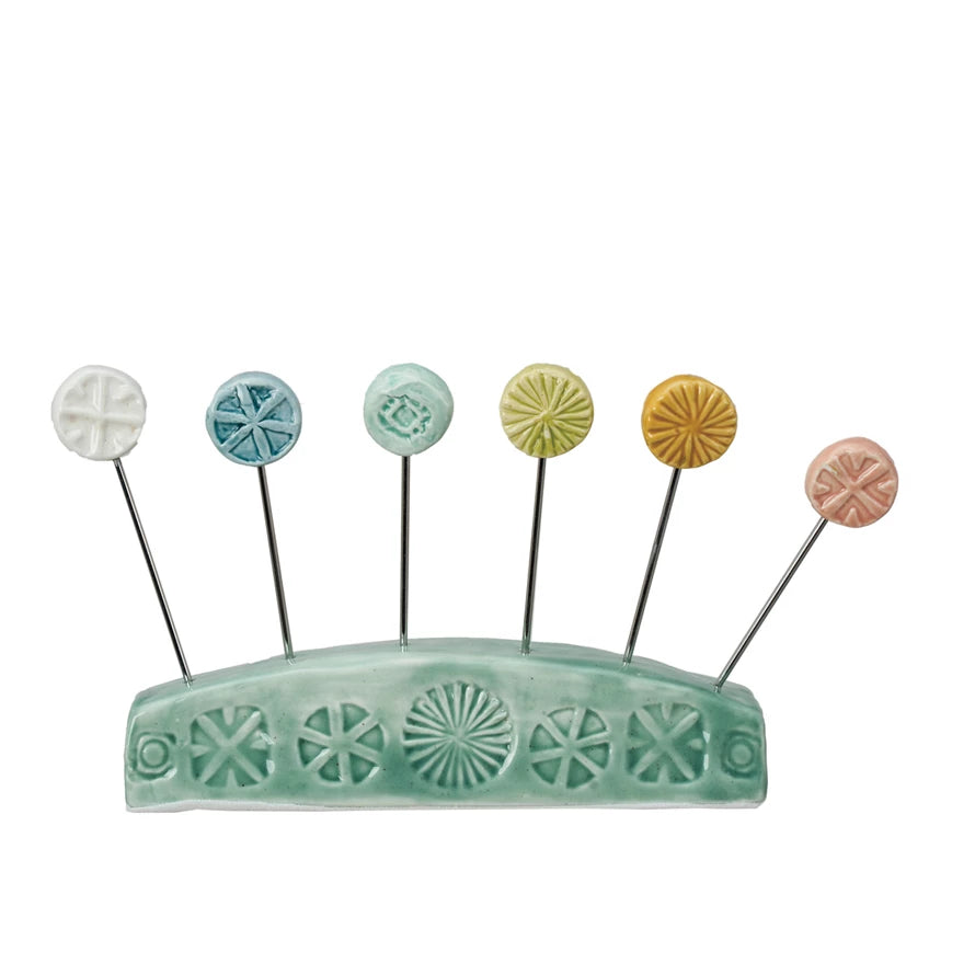 Hand-Painted Stoneware Appetizer Picks with Holder