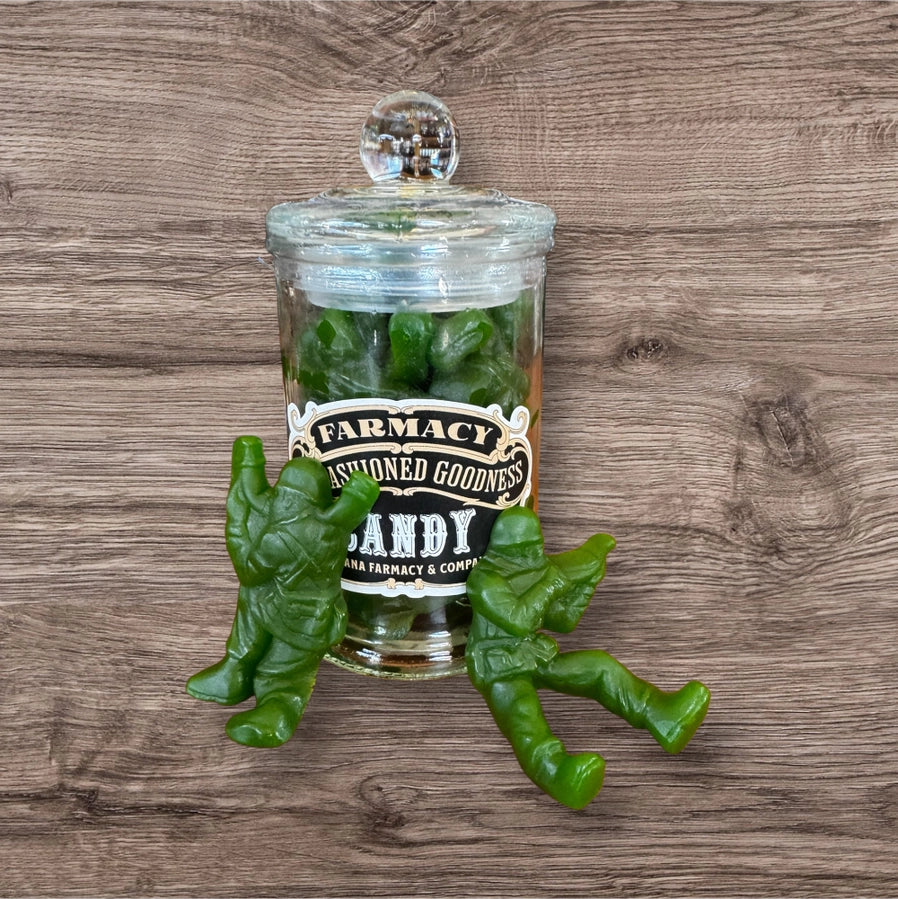 Lil Green Apple Army Men Candy in Vintage Style Apothecary Jar