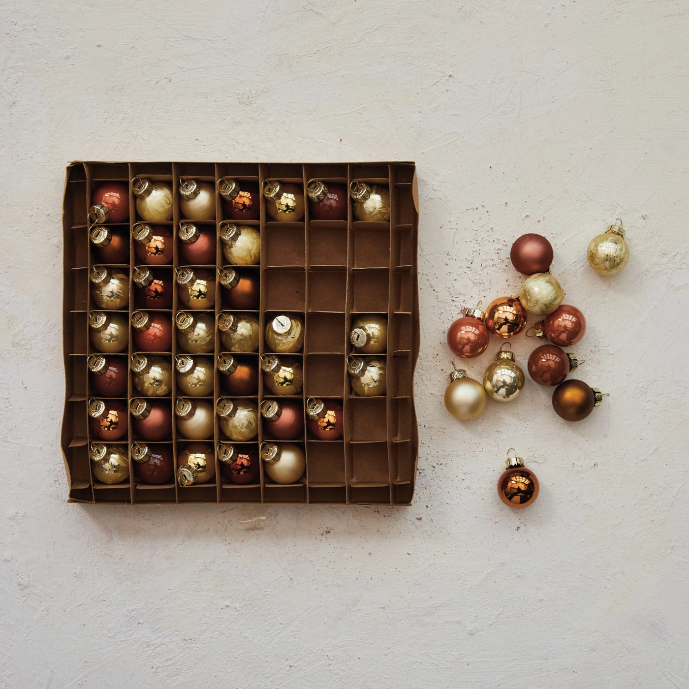 Set of 49 Boxed Copper and Gold Color Glass Ornaments