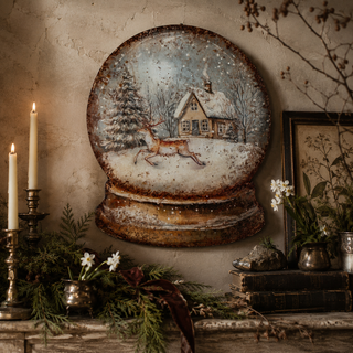 House & Deer Snow Globe Metal Sign