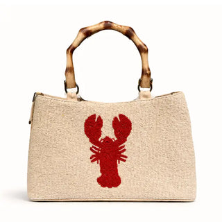 Ivory Beaded Lobster Handbag with Bamboo Handle