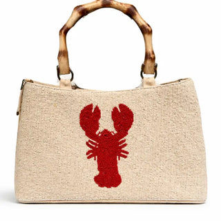 Ivory Beaded Lobster Handbag with Bamboo Handle