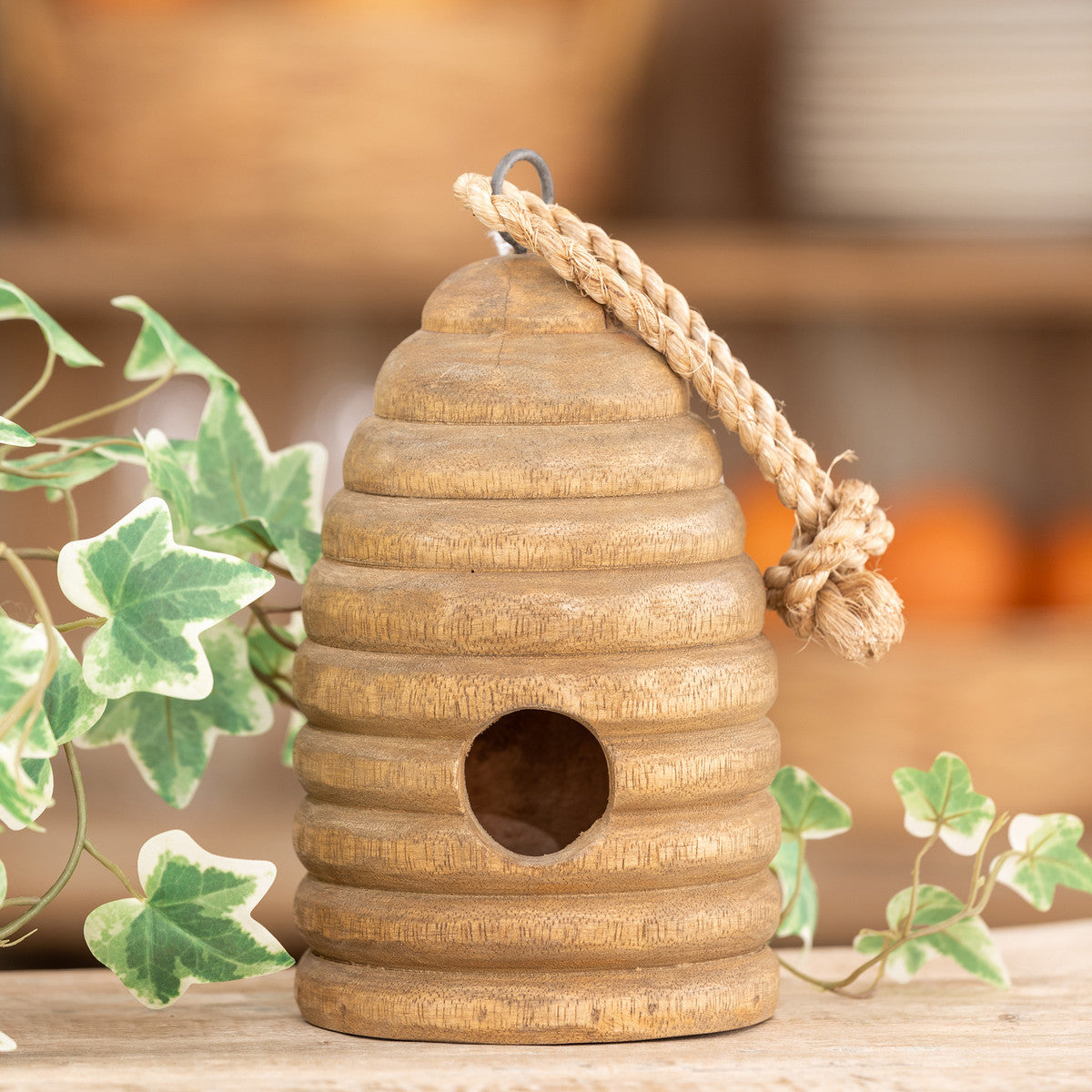Hanging Carved Wood Beehive Birdhouse