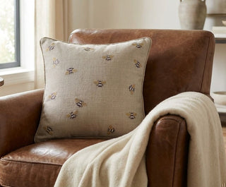 18" Beige Linen with Gold Piping Bees Embroidered Pillow
