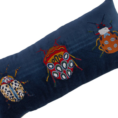 18" Velvet Embroidered Lumbar Pillow with Beetles