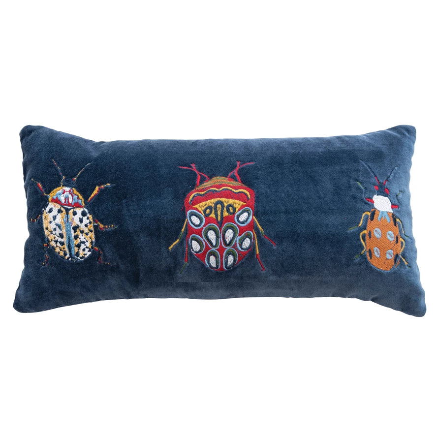 18" Velvet Embroidered Lumbar Pillow with Beetles