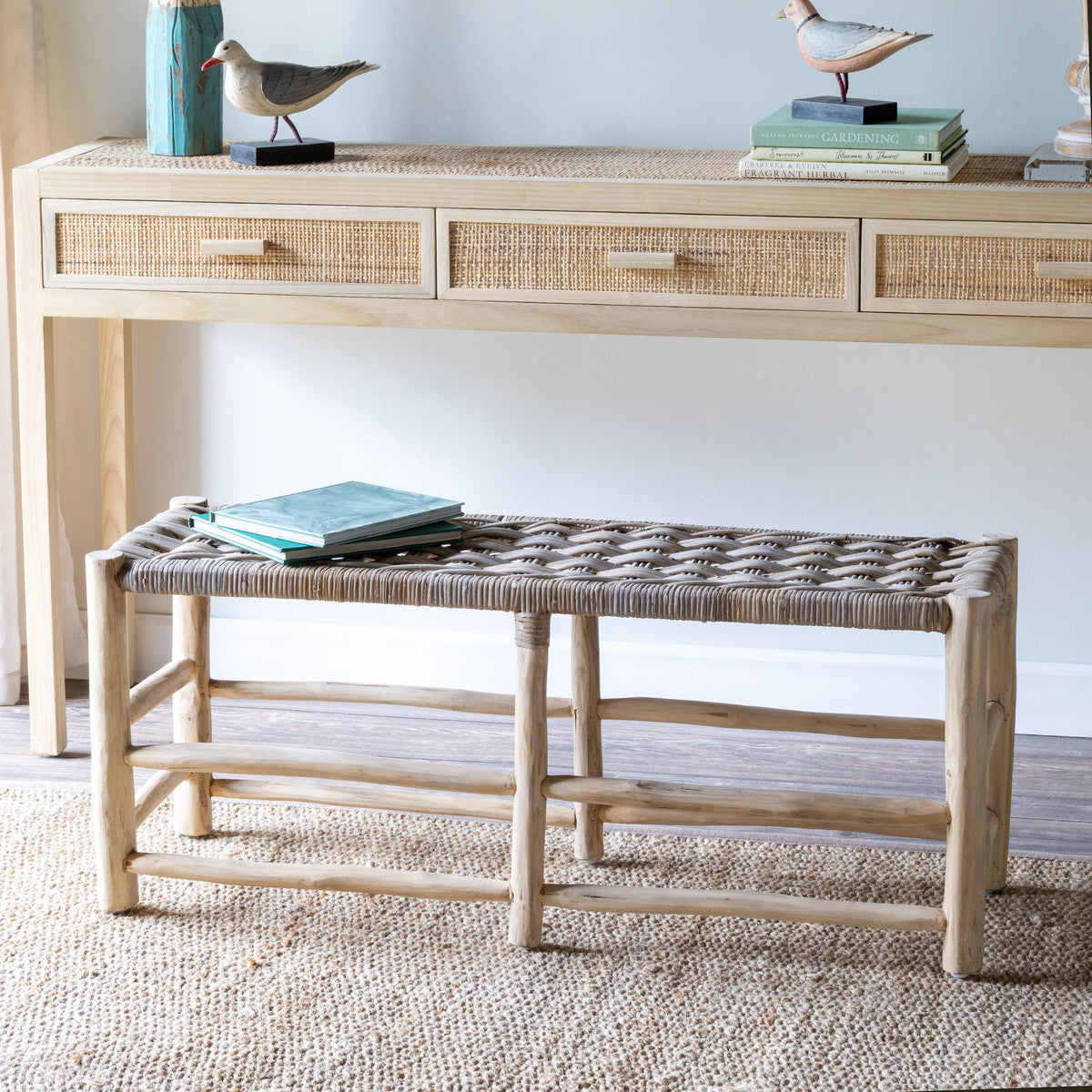 Teak and Rattan Woven Bench