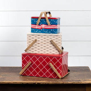 Set of 3 Red White and Blue Tin Picnic Baskets