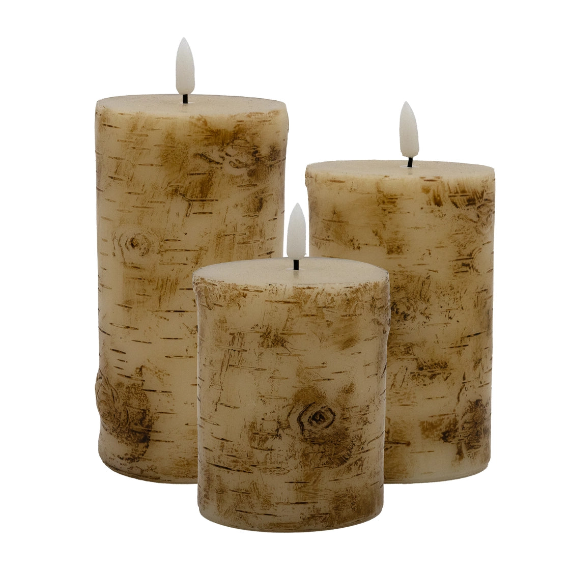 Set of 3 Flameless Birchwood Pillar Wax Candles