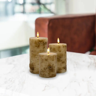 Set of 3 Flameless Birchwood Pillar Wax Candles