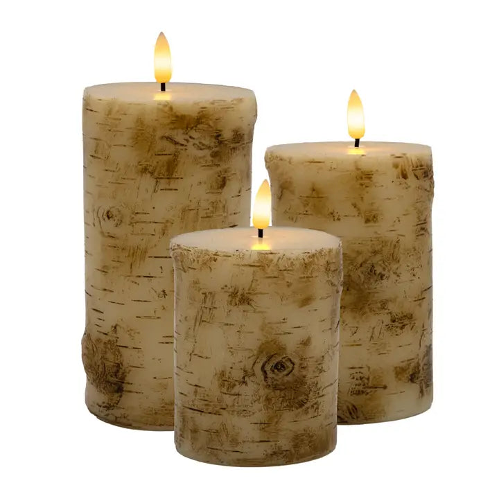 Set of 3 Flameless Birchwood Pillar Wax Candles