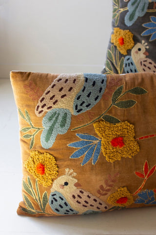 Set of 2 Embroidery Pillows with Birds