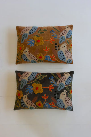 Set of 2 Embroidery Pillows with Birds