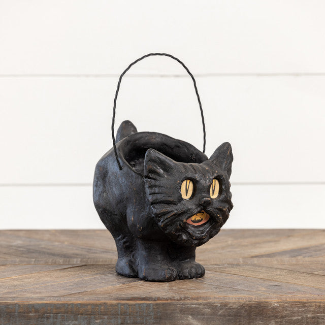 Vintage Style Paper Mache Black Cat Halloween Candy Bucket