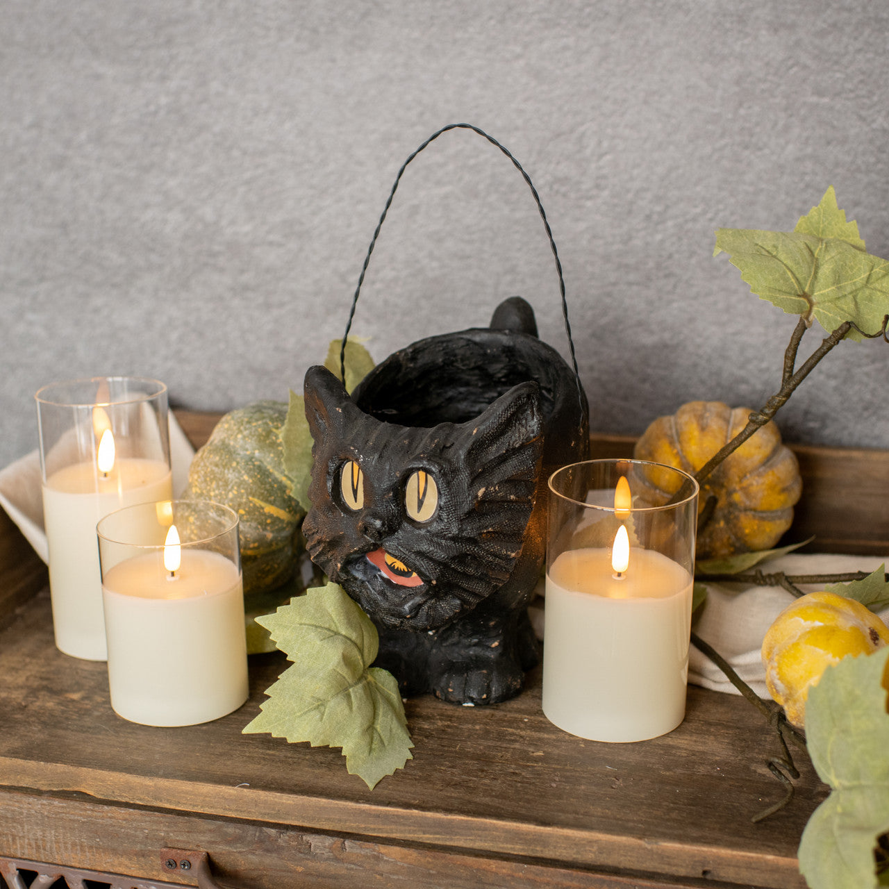 Vintage Style Paper Mache Black Cat Halloween Candy Bucket