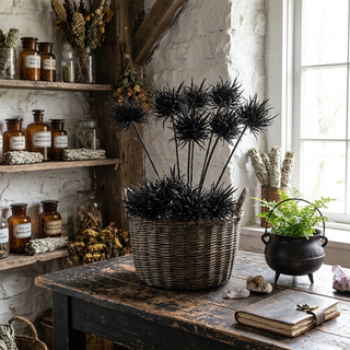 20" Halloween Black Pom Pom Grass With Glitter Stem