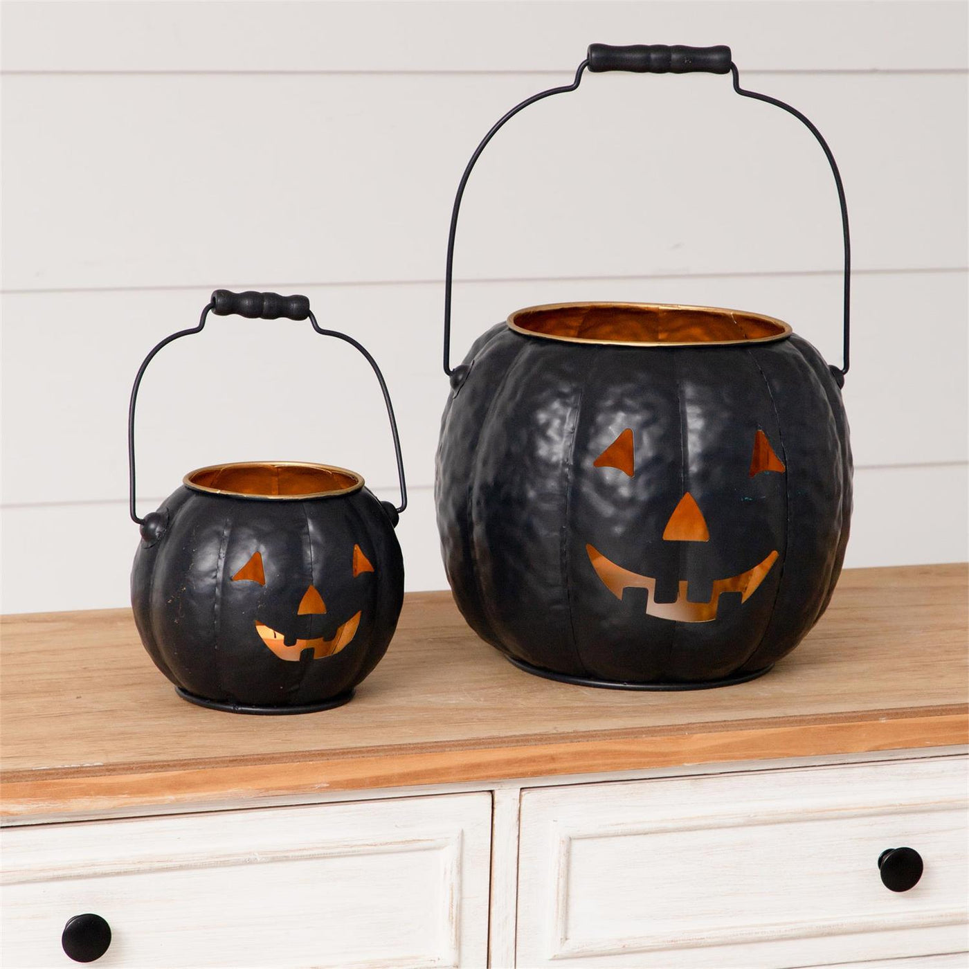 Black Metal with Gold Trim Jack Lantern Bucket - Choose Size