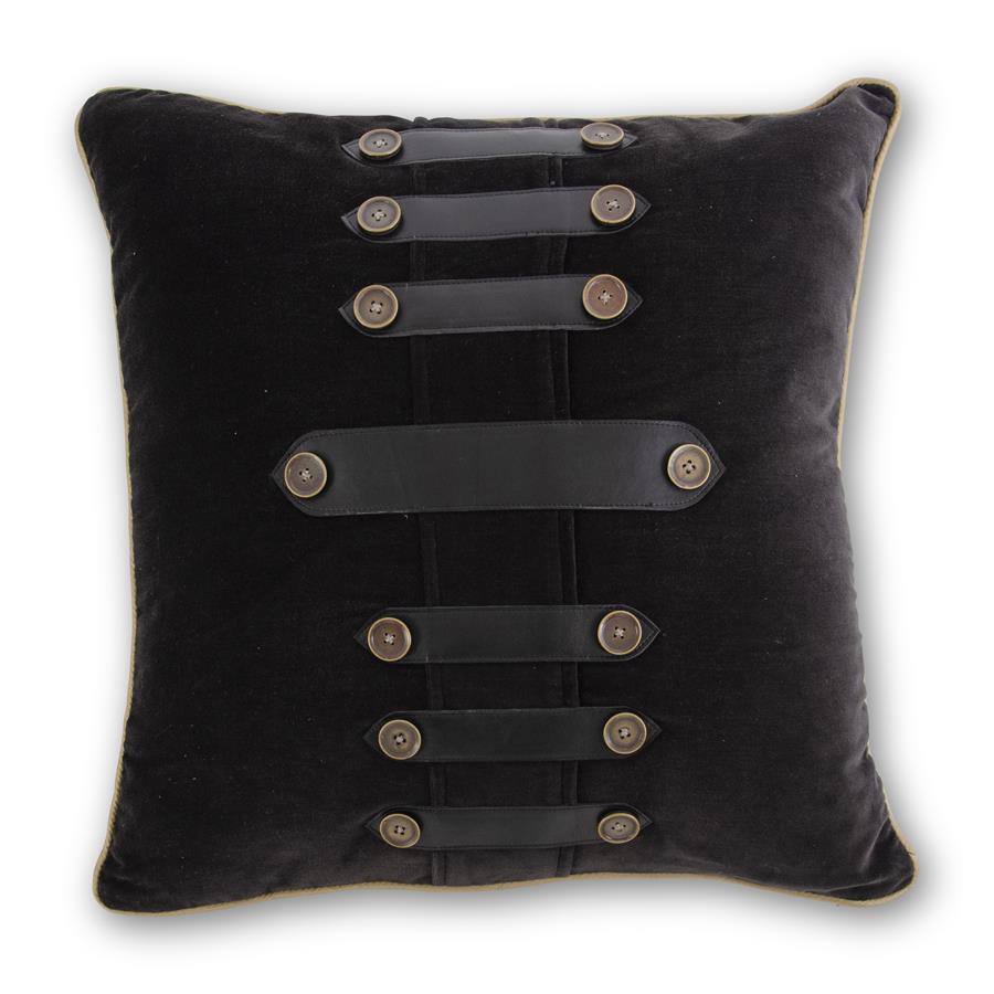 20" Black Velvet Pillow With Buttons and Straps