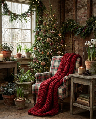Hand Knit Braided Throw Blanket - Red