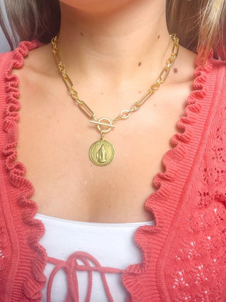 Heirloom Modern Paperclip Necklace with Round Blessed Mother Charm