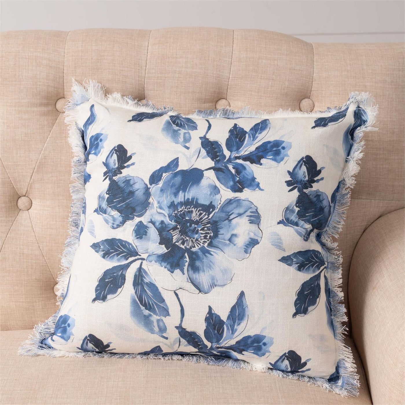 18" Blue and White Floral Pillow