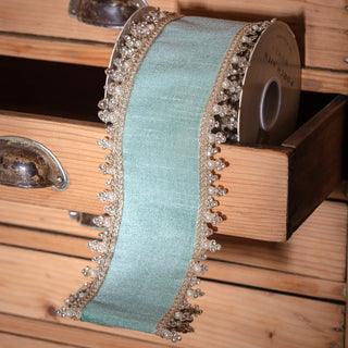 5 Yards Celadon Dupioni With Jeweled Edge Ribbon