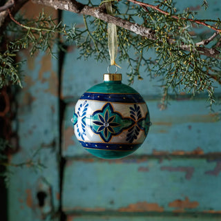 Blue Green and White Hand Painted Floral Porcelain Heirloom Glass Ornament