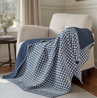 Camden Blue and White Gingham Stitch Quilted Throw