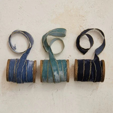 Wooden Spool with Velvet Ribbon - Choose From 3 Shades of Blue