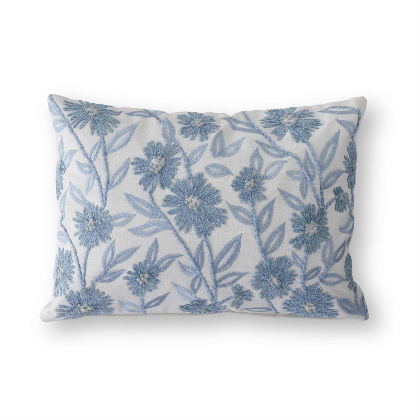 20" White Linen & Blue Embroidered Floral Lumbar Pillow