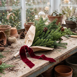Real Touch Mixed Winter Greens With Pinecones Wrapped Bouquet